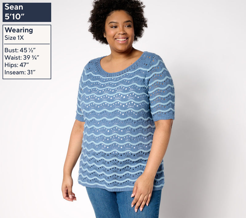 Denim & Co. 100% Cotton Pointelle Elbow Sleeve Sweater — View 2