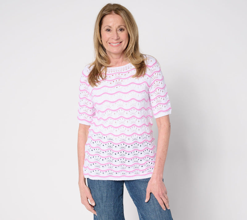 Denim & Co. 100% Cotton Pointelle Elbow Sleeve Sweater — View 12