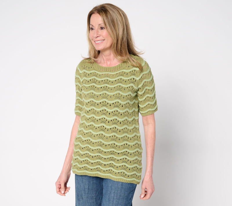 Denim & Co. 100% Cotton Pointelle Elbow Sleeve Sweater — Main view