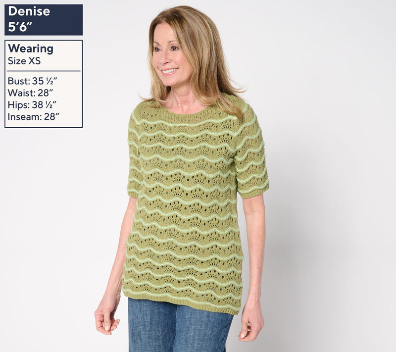 Denim & Co. 100% Cotton Pointelle Elbow Sleeve Sweater — View 3