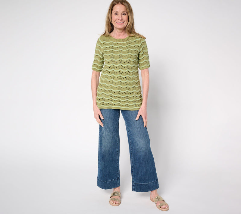 Denim & Co. 100% Cotton Pointelle Elbow Sleeve Sweater — View 5