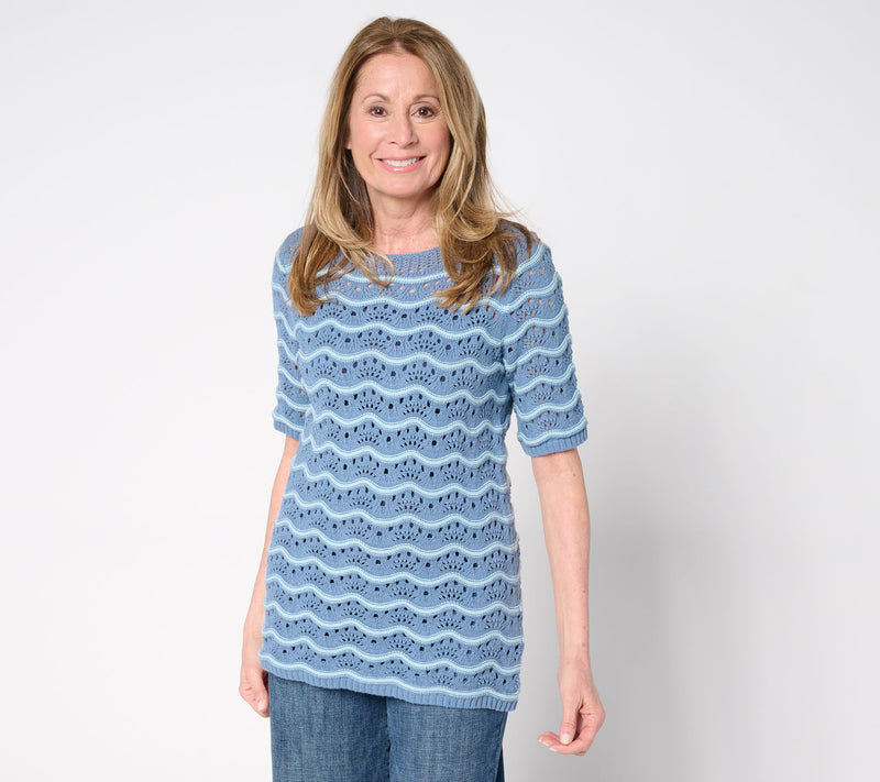 Denim & Co. 100% Cotton Pointelle Elbow Sleeve Sweater — View 13