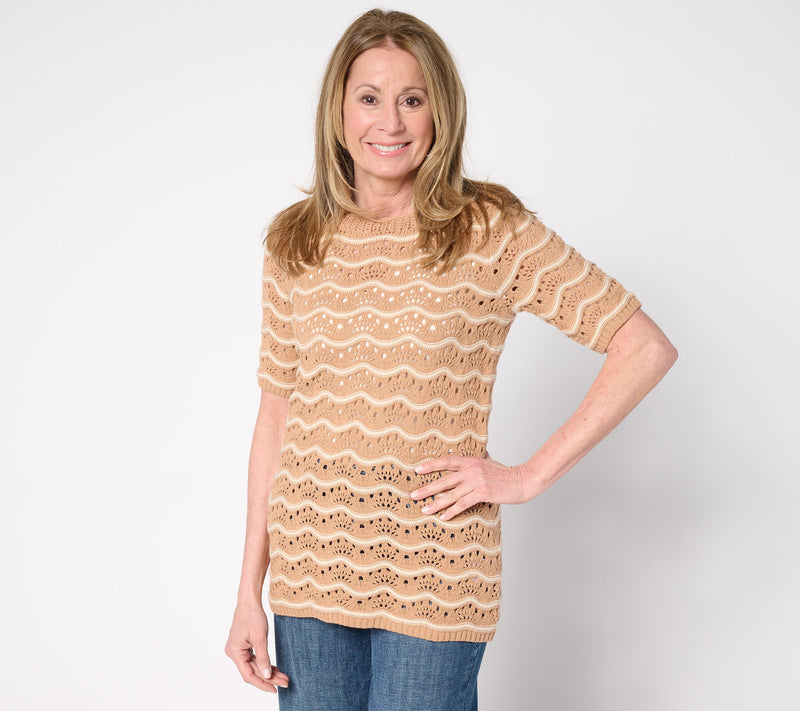 Denim & Co. 100% Cotton Pointelle Elbow Sleeve Sweater — View 15