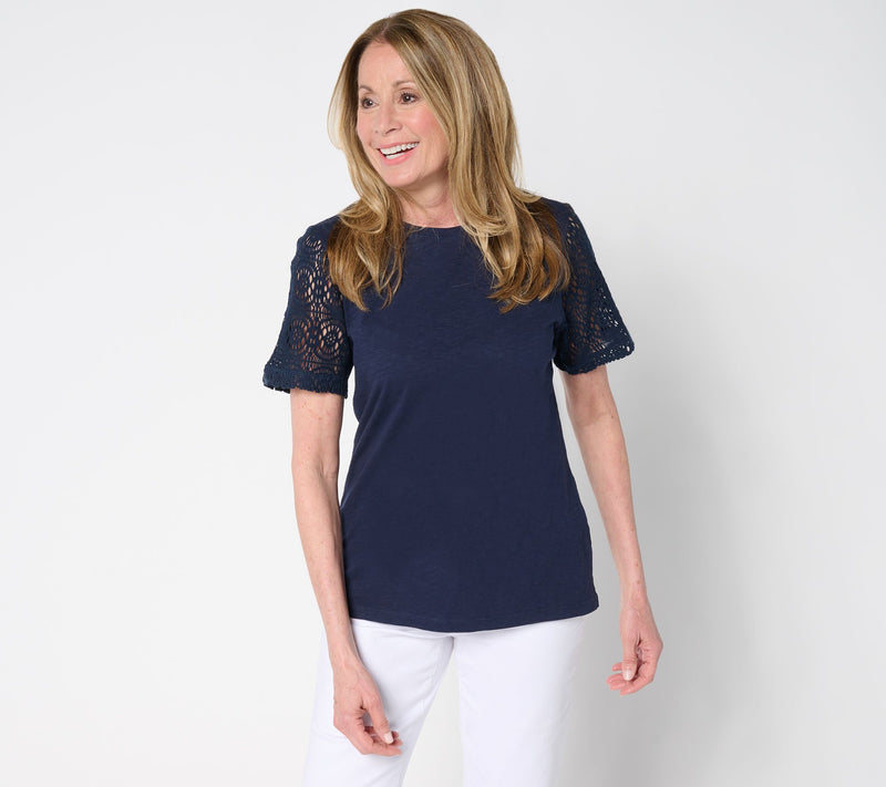Denim & Co. 100% Cotton Crew Neck Top with Crochet Sleeve — View 11