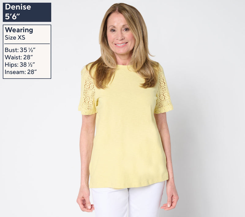 Denim & Co. 100% Cotton Crew Neck Top with Crochet Sleeve — View 3