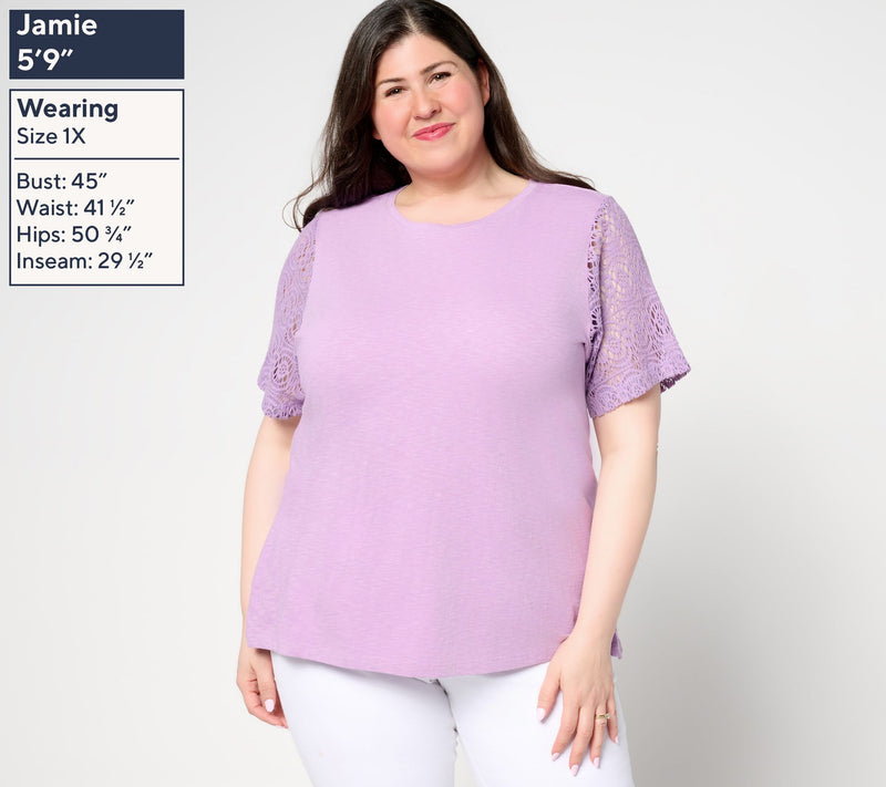 Denim & Co. 100% Cotton Crew Neck Top with Crochet Sleeve — View 2