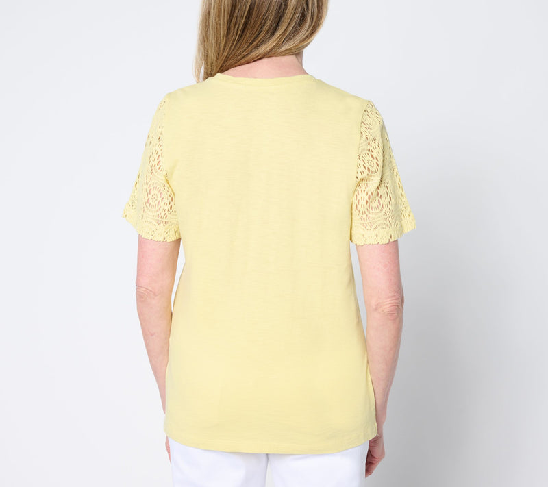 Denim & Co. 100% Cotton Crew Neck Top with Crochet Sleeve — View 4