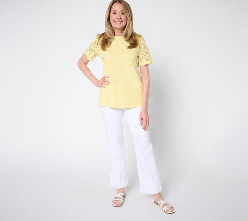 Denim & Co. 100% Cotton Crew Neck Top with Crochet Sleeve — View 5