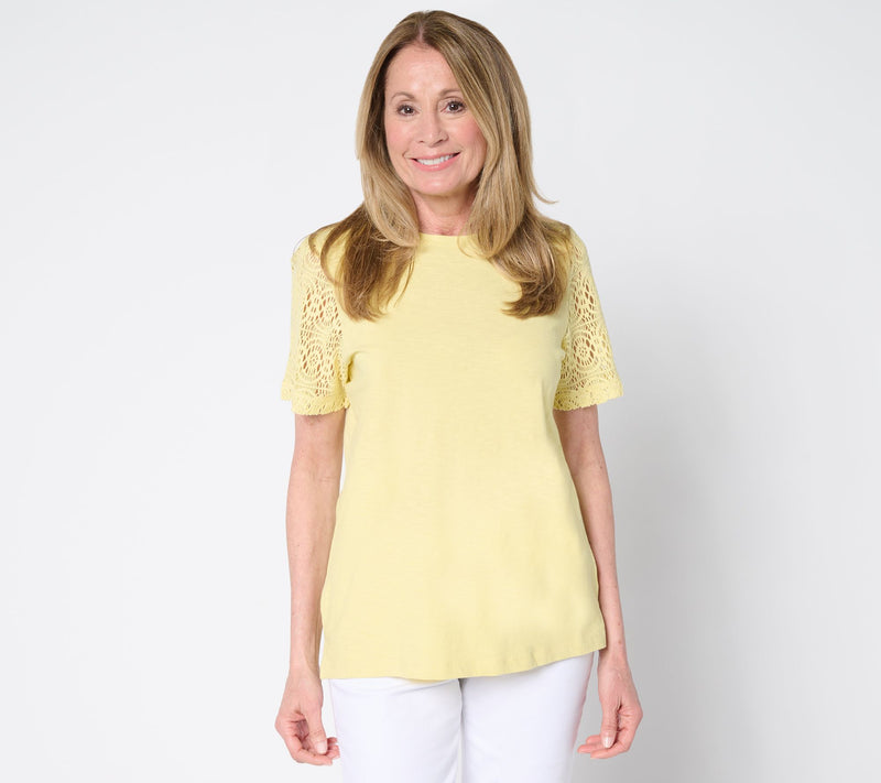 Denim & Co. 100% Cotton Crew Neck Top with Crochet Sleeve — View 13