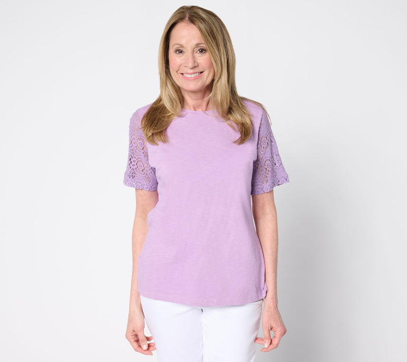 Denim & Co. 100% Cotton Crew Neck Top with Crochet Sleeve — View 14