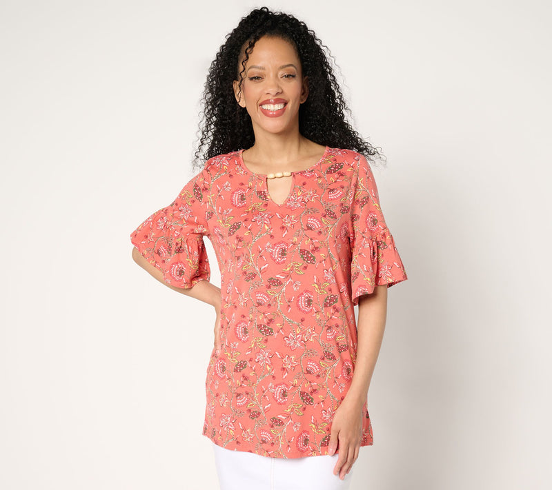 Denim & Co. Favorite Jersey Flutter Sleeve Beaded Keyhole Top — View 12