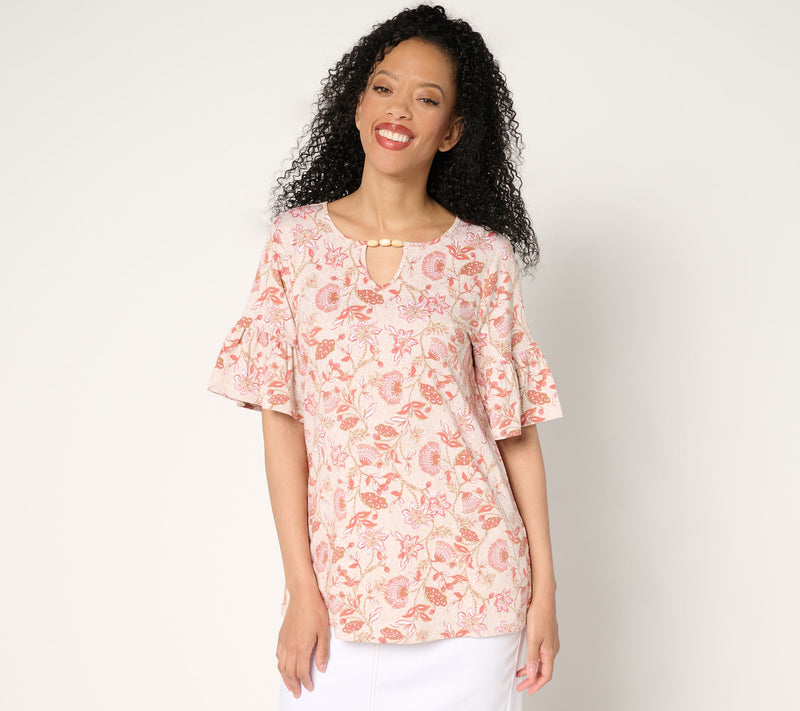 Denim & Co. Favorite Jersey Flutter Sleeve Beaded Keyhole Top — Main view