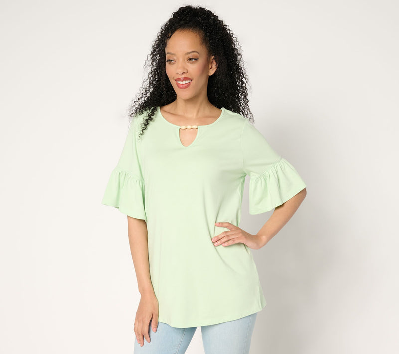 Denim & Co. Favorite Jersey Flutter Sleeve Beaded Keyhole Top — View 13