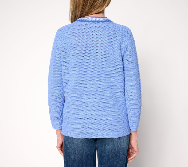 Isaac Mizrahi Live! Crochet Trim Button Front Cotton Cardigan — View 3