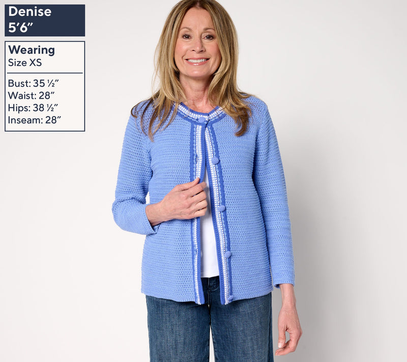 Isaac Mizrahi Live! Crochet Trim Button Front Cotton Cardigan — View 2