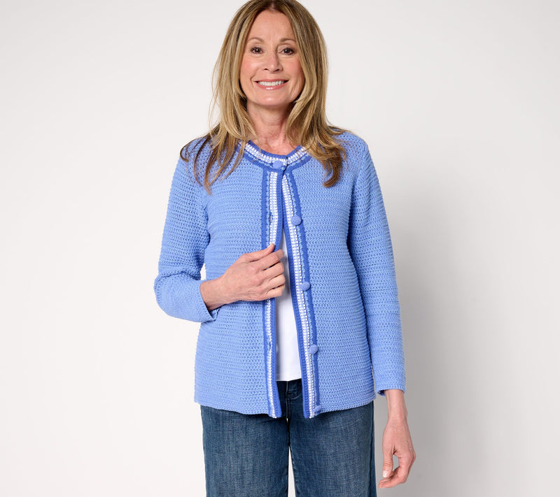 Isaac Mizrahi Live! Crochet Trim Button Front Cotton Cardigan — Main view