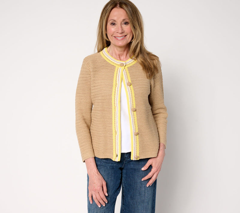 Isaac Mizrahi Live! Crochet Trim Button Front Cotton Cardigan — View 10