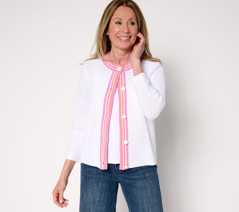 Isaac Mizrahi Live! Crochet Trim Button Front Cotton Cardigan — View 11