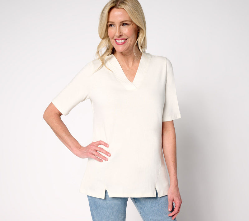 Denim & Co. Essentials True Cotton V-Neck Top with Slit Hem — View 5