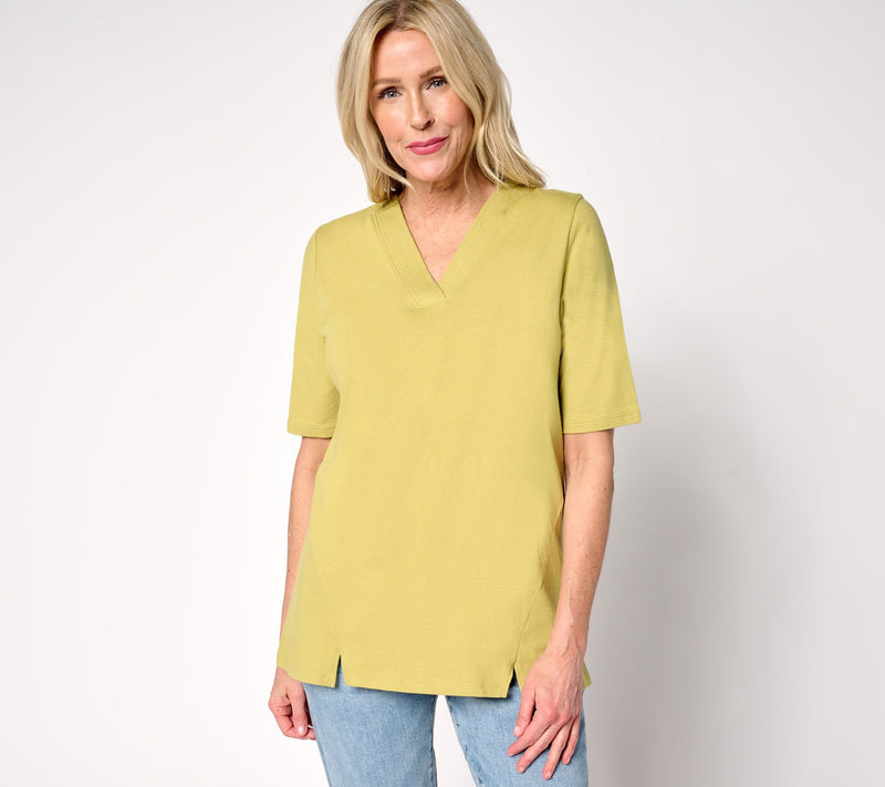 Denim & Co. Essentials True Cotton V-Neck Top with Slit Hem — Main view
