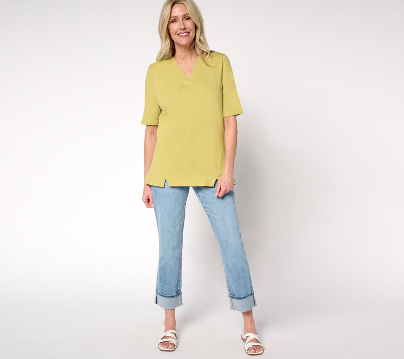 Denim & Co. Essentials True Cotton V-Neck Top with Slit Hem — View 13