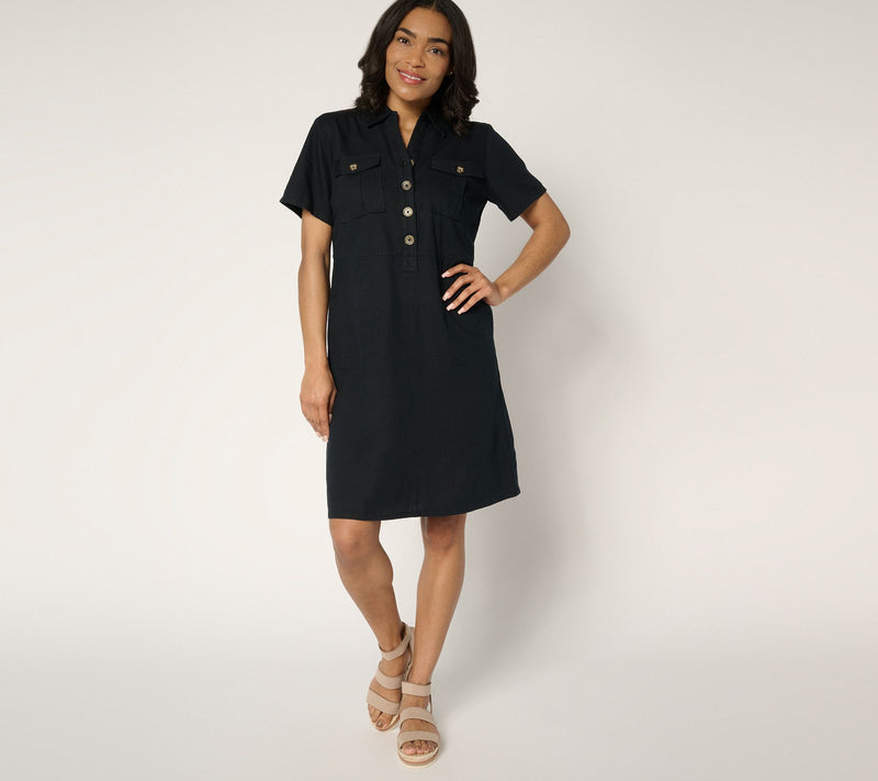 Denim & Co. Petite Linen Printed or Solid Henley Dress — View 5
