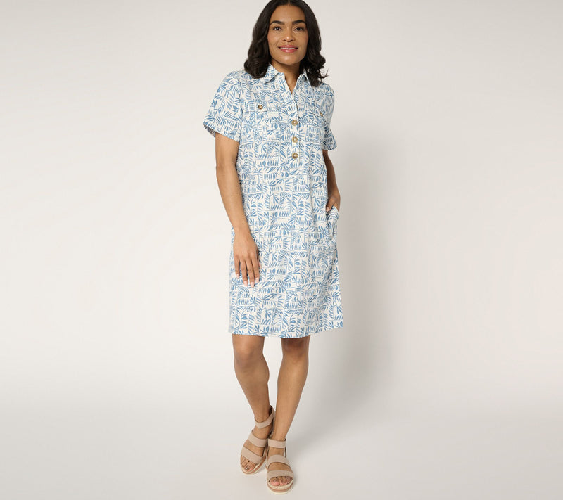 Denim & Co. Petite Linen Printed or Solid Henley Dress — View 3