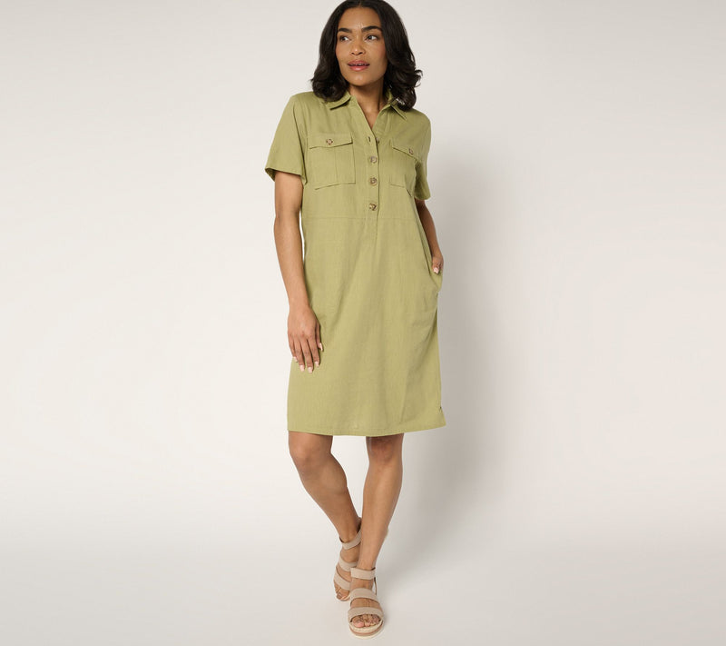 Denim & Co. Petite Linen Printed or Solid Henley Dress — View 9
