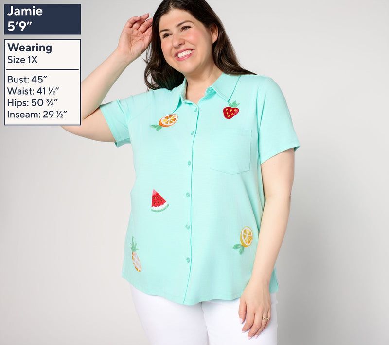 Quacker Factory Cutie Fruity Embroidered Short Sleeve Camp Shirt — View 2