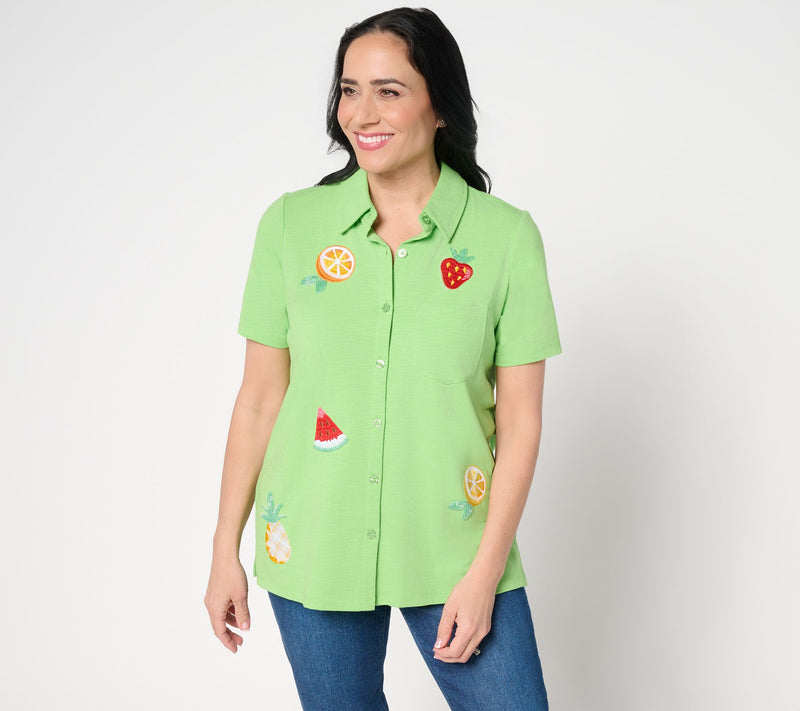 Quacker Factory Cutie Fruity Embroidered Short Sleeve Camp Shirt — View 11