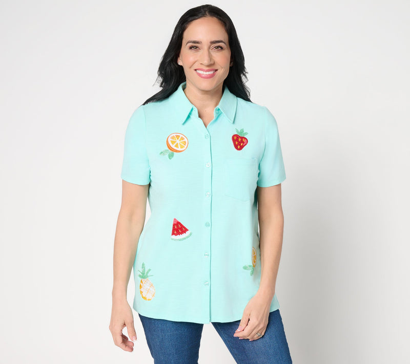 Quacker Factory Cutie Fruity Embroidered Short Sleeve Camp Shirt — View 12