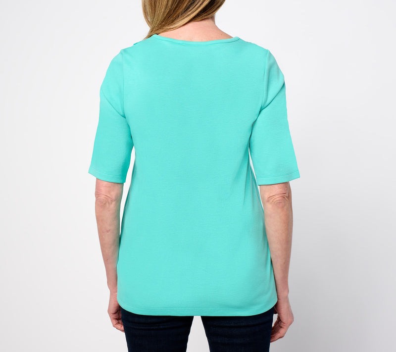 Quacker Factory Lace Embellished Split V Elbow Sleeve Top — View 4