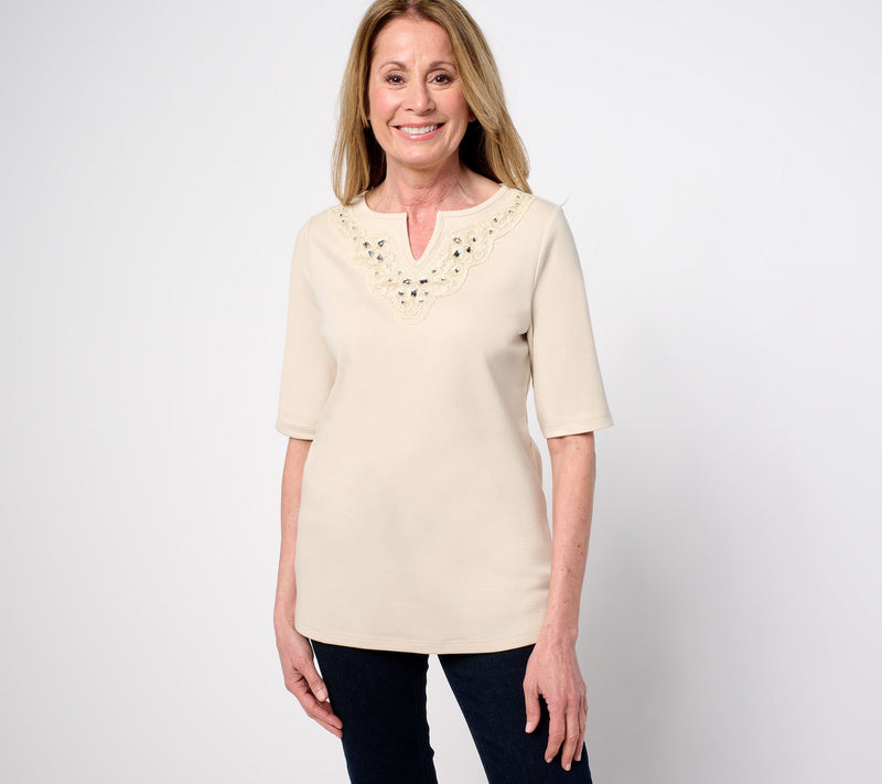 Quacker Factory Lace Embellished Split V Elbow Sleeve Top — View 10