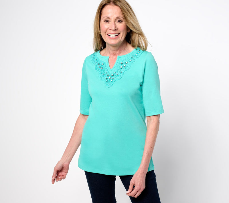 Quacker Factory Lace Embellished Split V Elbow Sleeve Top — Main view