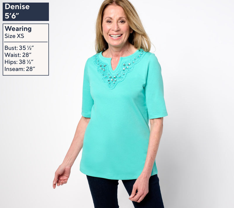 Quacker Factory Lace Embellished Split V Elbow Sleeve Top — View 3
