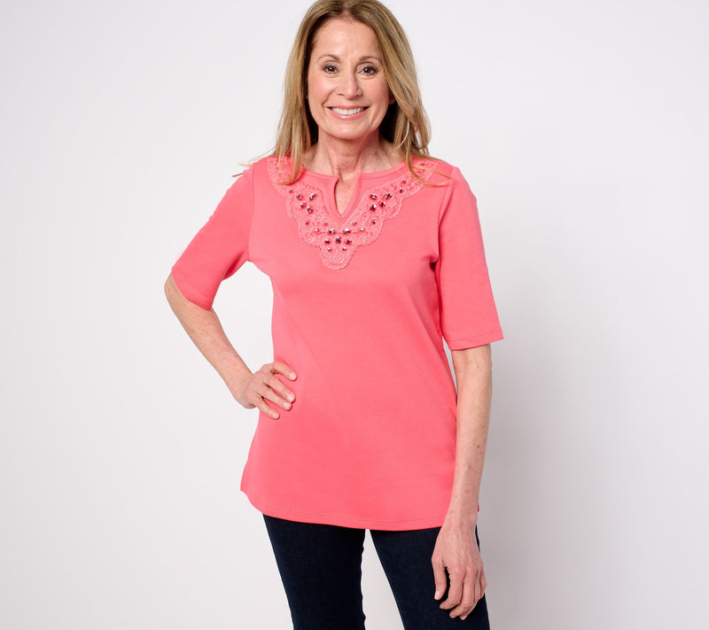 Quacker Factory Lace Embellished Split V Elbow Sleeve Top — View 11