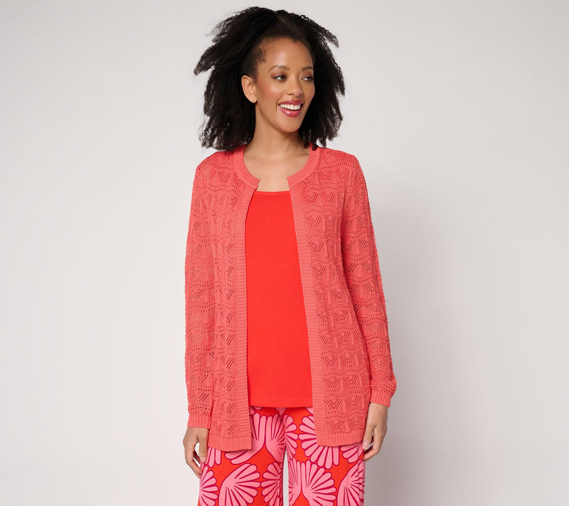 Susan Graver Pointelle Stitch Open Front Cardigan — View 16