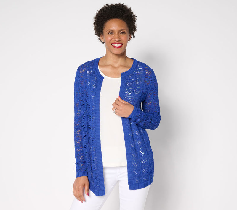 Susan Graver Pointelle Stitch Open Front Cardigan — View 3
