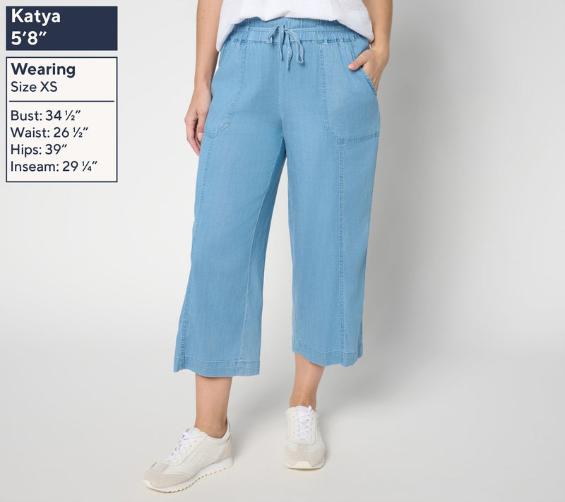 AnyBody Petite Drapey Denim Cropped Wide Leg Pull On Pants — View 9