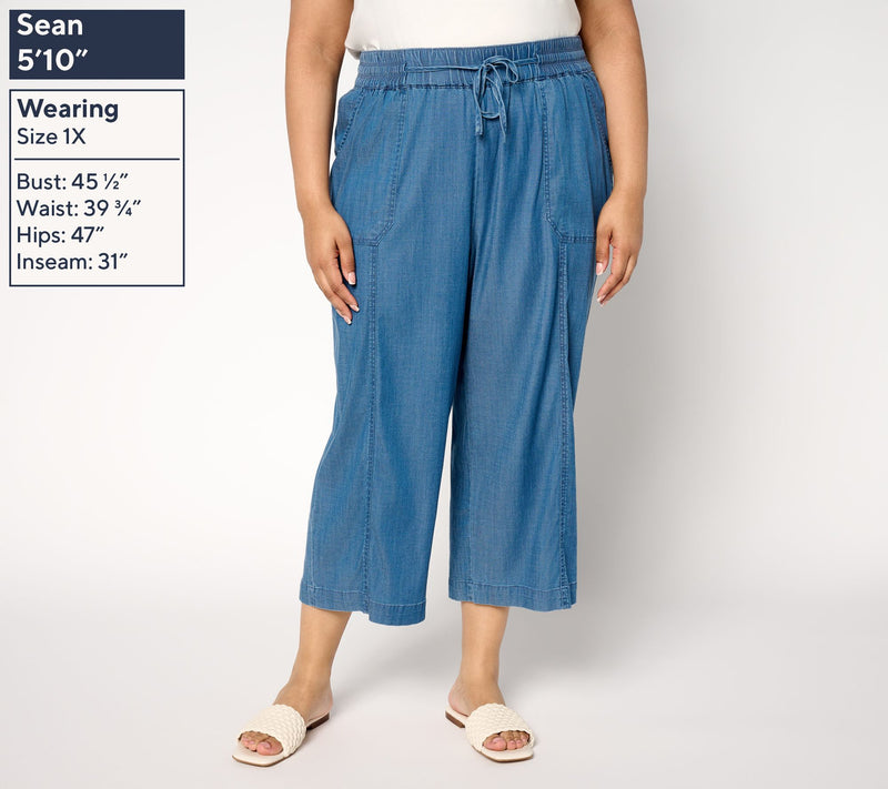 AnyBody Petite Drapey Denim Cropped Wide Leg Pull On Pants — View 8