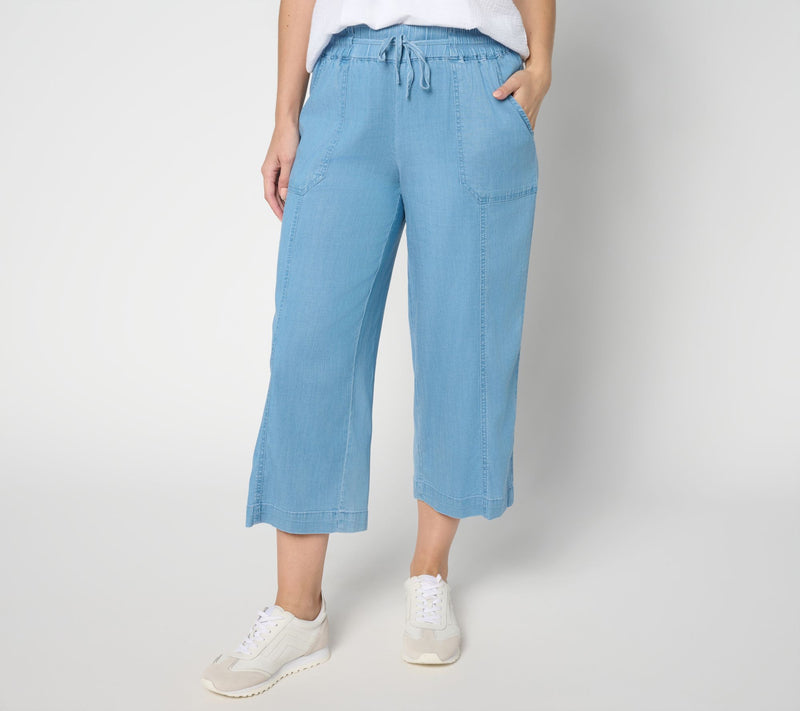 AnyBody Petite Drapey Denim Cropped Wide Leg Pull On Pants — View 5