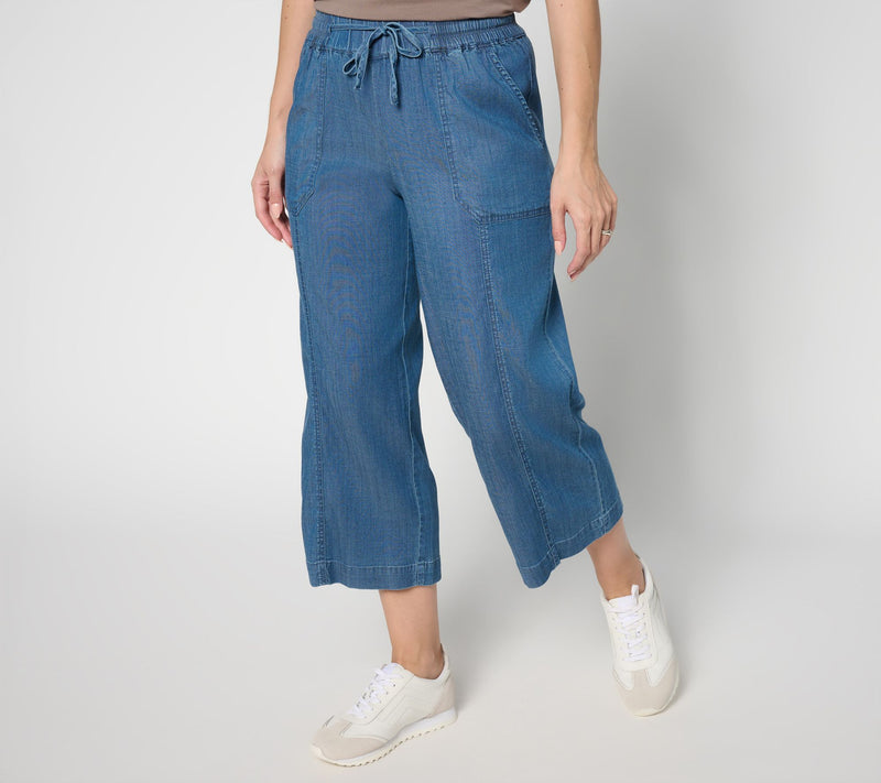 AnyBody Petite Drapey Denim Cropped Wide Leg Pull On Pants — View 3