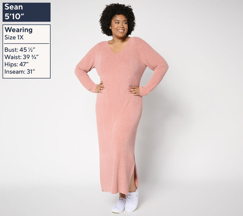 Barefoot Dreams Reg. CozyChic Ultra Lite Long Sleeve V Ribbed Dress — View 14