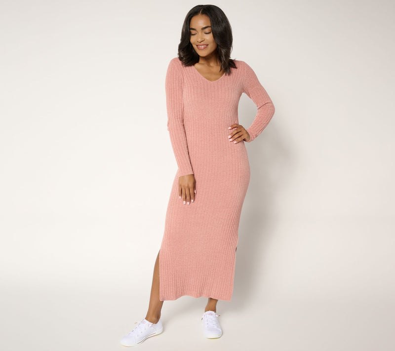 Barefoot Dreams Reg. CozyChic Ultra Lite Long Sleeve V Ribbed Dress — View 7