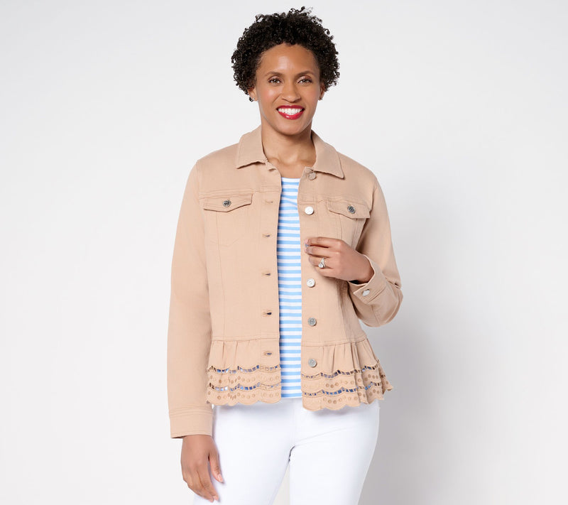 Susan Graver Embroidered Peplum Stretch Denim Jacket — View 2