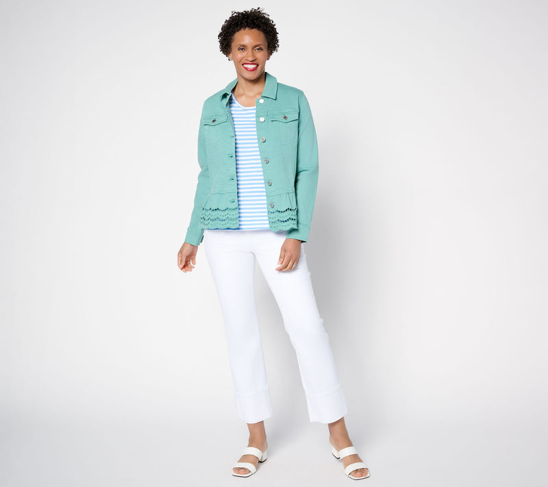 Susan Graver Embroidered Peplum Stretch Denim Jacket — View 6