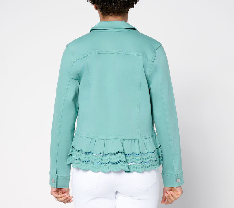 Susan Graver Embroidered Peplum Stretch Denim Jacket — View 5