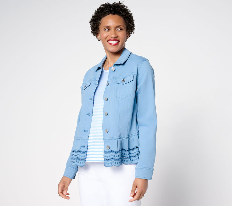 Susan Graver Embroidered Peplum Stretch Denim Jacket — View 14