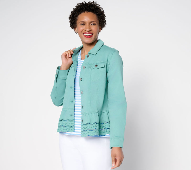 Susan Graver Embroidered Peplum Stretch Denim Jacket — View 15