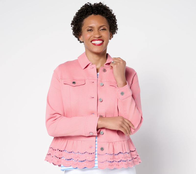 Susan Graver Embroidered Peplum Stretch Denim Jacket — View 16